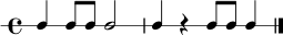 
\new RhythmicStaff { \time 4/4 c4 c8 c8 c2 | c4 r4 c8 c8 c4 \bar "|." }
