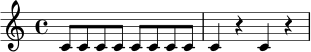 \relative c' {
\time 4/4
c8 c c c c c c c |
c4 r c r |
}