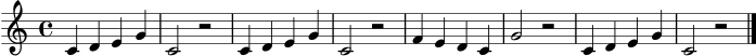 
X:1
M:4/4
L:1/4
K:C
C D E G|C2 z2|C D E G|C2 z2|F E D C|G2 z2|C D E G|C2 z2|]
