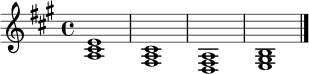 \relative c' {
\key a \major
\time 4/4
<a cis e>1 |
<fis a cis>1 |
<d fis a>1 |
<e gis b>1 |
\bar "|."
}
