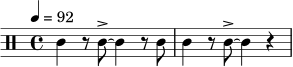 \relative c' {
\tempo 4 = 92
\clef percussion
\time 4/4
c4 r8 c8->~ c4 r8 c8 | c4 r8 c8->~ c4 r4 |
}