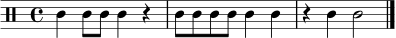 
\relative c' { \clef percussion \time 4/4 c4 c8 c c4 r4 | c8 c c8 c c4 c | r4 c4 c2 \bar "|." }
