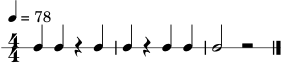 \version "2.22.0"
\header { tagline = "" }
\score {
\new RhythmicStaff {
\numericTimeSignature
\time 4/4
\tempo 4 = 78
c4 c4 r4 c4 | c4 r4 c4 c4 | c2 r2 \bar "|."
}
\layout { }
\midi { }
}