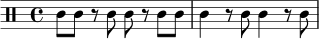 
\version "2.24.0"
\relative c' {
  \time 4/4
  \clef percussion
  c8 c r c c r c c |
  c4 r8 c c4 r8 c |
}

