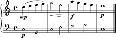 \score {
\new PianoStaff <<
\new Staff = "Melodie" \relative c'' {
\clef treble
\key c \major
\time 4/4
c4\mp( d e f) |
g2\< e\! |
a4\f g f e |
d1\p \bar "|."
}
\new Staff = "Begleitung" \relative c {
\clef bass
\key c \major
\time 4/4
c2\p g |
c2 e |
f2 g |
c,1 \bar "|."
}
>>
\layout { }
\midi { \tempo 4 = 84 }
}