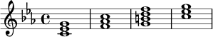 
\version "2.24.0"
\relative c' {
  \key c \minor
  \time 4/4
  <c ees g>1 |
  <f aes c>1 |
  <g b d f>1 |
  <c ees g>1 |
}
