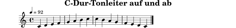 
X:1
T:C-Dur-Tonleiter auf und ab
M:4/4
L:1/4
Q:1/4=92
K:C
C D E F | G A B c | c B A G | F E D C |]
