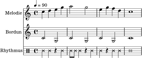 \header { tagline = ##f }
\score {
<<
\new Staff \with { instrumentName = "Melodie" } \relative c'' {
\tempo 4 = 90
\clef treble
\time 4/4
c4 d e g | a2 g | e4 g f d | c1
}
\new Staff \with { instrumentName = "Bordun" } \relative c' {
\clef treble
\time 4/4
c2 g | c2 g | c2 g | c1
}
\new Staff \with { instrumentName = "Rhythmus" } \relative c' {
\clef percussion
\time 4/4
\override NoteHead.style = #'cross
c4 c r c | c8 c c4 r c | c4 r c c | c1
}
>>
\layout { }
\midi { }
}