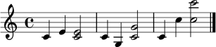 \relative c' {
\clef treble
\key c \major
c4 e
<c e>2
c4 g
<c g'>2
c4 c'
<c c'>2
\bar "|."
}