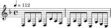 \relative c {
\key d \minor
\time 4/4
\tempo 4 = 112
d8 a' d, a' d, c' a f |
d8 a' d, a' c, g' e c |
}