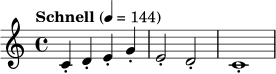 \relative c' { \tempo "Schnell" 4=144 \key c \major \time 4/4 c4-. d-. e-. g-. | e2-. d-. | c1-. | }