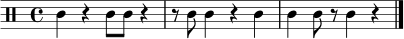 
\version "2.22.0"
\paper { indent = 0 }
\score {
  \new Staff {
    \clef percussion
    \time 4/4
    c'4 r4 c'8 c'8 r4 |
    r8 c'8 c'4 r4 c'4 |
    c'4 c'8 r8 c'4 r4 |
    \bar "|."
  }
  \layout { }
  \midi { \tempo 4 = 96 }
}
