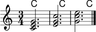 \version "2.24.0"
\header { tagline = ##f }
\score {
<<
\new ChordNames \chordmode { c1 c1 c1 }
\new Staff \relative c' {
\clef treble
\time 3/4
<c e g>2. | <e g c>2. | <g c e>2. \bar "|."
}
>>
\layout { indent = 0\mm }
\midi { \tempo 4 = 76 }
}