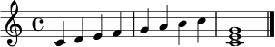 \relative c' {
\clef treble
\key c \major
c4 d e f g a b c
<c, e g>1
\bar "|."
}