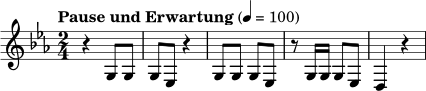 \relative c' {
\clef treble
\key c \minor
\time 2/4
\tempo "Pause und Erwartung" 4 = 100
r4
g8 g g ees
r4
g8 g g ees
r8 g16 g g8 ees
d4 r
}