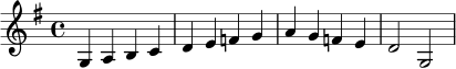 \relative c' { \clef treble \key g \major \time 4/4 g4 a b c | d e f g | a g f e | d2 g,2 }