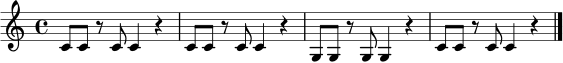\relative c' { \time 4/4 \set Staff.midiInstrument = "acoustic guitar (nylon)" c8 c r c c4 r | c8 c r c c4 r | g8 g r g g4 r | c8 c r c c4 r \bar "|." }