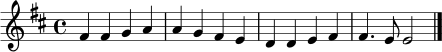 \relative c' { \key d \major \time 4/4 \set Staff.midiInstrument = "flute" fis4 fis g a | a g fis e | d d e fis | fis4. e8 e2 | \bar "|." }