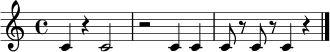 \relative c' { \clef treble \time 4/4 c4 r4 c2 \bar "|" r2 c4 c4 \bar "|" c8 r8 c8 r8 c4 r4 \bar "|." }
