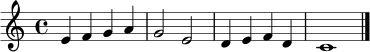\relative c' {
\key c \major
\time 4/4
e4 f g a | g2 e2 | d4 e f d | c1 \bar "|."
}