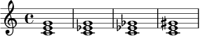 \relative c' {
\clef treble
\time 4/4
<c e g>1 | <c ees g>1 | <c ees ges>1 | <c e gis>1 |
}