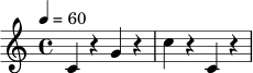 { \clef treble \time 4/4 \tempo 4 = 60 c'4 r4 g'4 r4 | c''4 r4 c'4 r4 | }