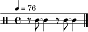 \relative c' { \clef percussion \time 4/4 \tempo 4 = 76 r8 c8~ c4 r8 c8~ c4 \bar "|." }