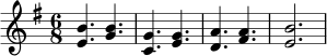 \relative c' {
\key e \minor
\time 6/8
<e b'>4. <g b> |
<c, g'>4. <e g> |
<d a'>4. <fis a> |
<e b'>2. |
}