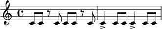 \relative c' {
\time 4/4
c8 c r c c c r c |
c4-> c8 c c4-> c8 c |
}