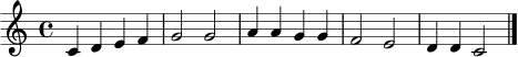 
\relative c' {
  \clef treble
  \key c \major
  \time 4/4
  c4 d e f |
  g2 g |
  a4 a g g |
  f2 e |
  d4 d c2 \bar "|."
}
