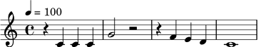 \relative c' {
\tempo 4 = 100
\clef treble
\time 4/4
r4 c c c | g'2 r2 | r4 f e d | c1
}