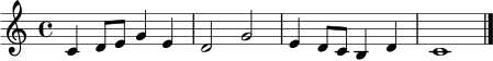 \relative c' {
\clef treble
\key c \major
\time 4/4
c4 d8 e g4 e | d2 g2 | e4 d8 c b4 d | c1 \bar "|."
}