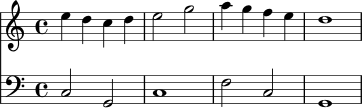 <<
\new Staff \relative c'' {
\clef treble
\key c \major
\time 4/4
e4 d c d | e2 g2 | a4 g f e | d1 |
}
\new Staff \relative c {
\clef bass
\key c \major
\time 4/4
c2 g | c1 | f2 c | g1 |
}
>>