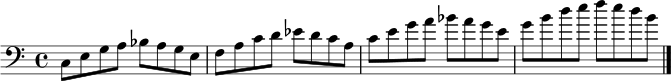\language "english"
\relative c {
\clef bass
\time 4/4
\key c \major
c8 e g a bf a g e |
f8 a c d ef d c a |
c8 e g a bf a g e |
g8 b d e f e d b \bar "|."
}
