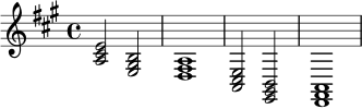 
\relative c' {
  \key a \major
  \time 4/4
  <a cis e>2 <e gis b>2 | <d fis a>1 |
  <a cis e>2 <e gis b>2 | <d fis a>1 |
}
