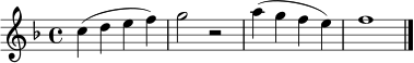 \relative c'' {
\clef treble
\key f \major
\time 4/4
c4( d e f) | g2 r2 | a4( g f e) | f1 \bar "|."
}