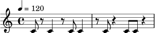 \relative c' {
\time 4/4
\tempo 4 = 120
c8 r c4 r8 c8 c4 | r8 c8 r4 c8 c r4 |
}