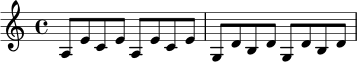 \relative c' {
\time 4/4
\key a \minor
a8 e' c e a, e' c e |
g,8 d' b d g, d' b d |
}