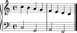 \version "2.22.0"
\header { tagline = ##f }
\score {
\new PianoStaff <<
\new Staff = "right" \relative c'' {
\clef treble
\key c \major
\time 4/4
c4 b a g | f e d c \bar "|."
}
\new Staff = "left" \relative c {
\clef bass
\key c \major
\time 4/4
c2 g | a f \bar "|."
}
>>
\layout { }
\midi { }
}