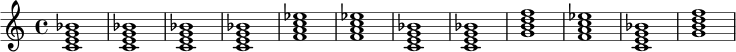 
\version "2.24.0"
\chordmode {
  \time 4/4
  c1:7 | c:7 | c:7 | c:7 |
  f:7 | f:7 | c:7 | c:7 |
  g:7 | f:7 | c:7 | g:7 |
}
