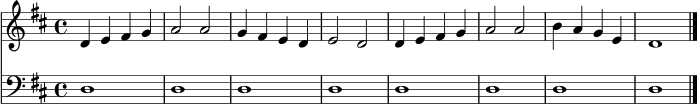 \version "2.24.0"
\score {
<<
\new Staff {
\relative c' {
\clef treble
\time 4/4
\key d \major
d4 e fis g | a2 a | g4 fis e d | e2 d |
d4 e fis g | a2 a | b4 a g e | d1 \bar "|."
}
}
\new Staff {
\relative c {
\clef bass
\time 4/4
\key d \major
d1 | d | d | d | d | d | d | d \bar "|."
}
}
>>
\layout { }
\midi { \tempo 4 = 88 }
}