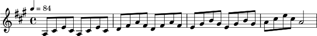 
\relative c' {
  \key a \major
  \time 4/4
  \tempo 4 = 84
  a8 cis e cis a cis e cis |
  d8 fis a fis d fis a fis |
  e8 gis b gis e gis b gis |
  a8 cis e cis a2 |
}
