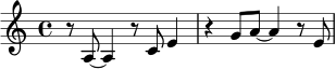 
\relative c' {
  \time 4/4
  r8 a8~ a4 r8 c8 e4 |
  r4 g8 a8~ a4 r8 e8 |
}
