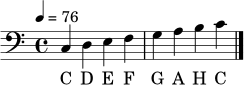 \relative c { \set Staff.midiInstrument = "acoustic grand" \tempo 4 = 76 \clef bass \time 4/4 c4 d e f | g a b c | \bar "|." }
\addlyrics { C D E F G A H C }