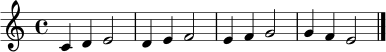 \relative c' { \clef treble \key c \major \time 4/4 c4 d e2 | d4 e f2 | e4 f g2 | g4 f e2 \bar "|." }