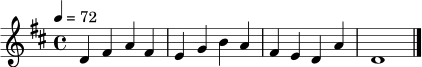 \relative c' {
\key d \major
\time 4/4
\tempo 4 = 72
d4 fis a fis | e4 g b a | fis4 e d a' | d,1 \bar "|."
}