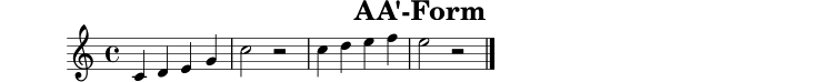 \version "2.22.0"
\header { title = "AA'-Form" tagline = "" }
\score {
\relative c' { \clef treble \key c \major \time 4/4 c4 d e g | c2 r2 | c4 d e f | e2 r2 \bar "|." }
\layout { }
\midi { \tempo 4 = 92 }
}