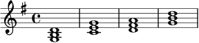 \relative c' {
\key g \major
\time 4/4
<g b d>1 |
<c e g>1 |
<d fis a>1 |
<g b d>1
}