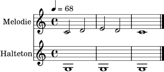 \version "2.24.1"
melody = \relative c' {
\clef treble
\key c \major
\time 4/4
\tempo 4 = 68
c2 d2 | e2 d2 | c1 \bar "|."
}
drone = \relative c' {
\clef treble
\key c \major
\time 4/4
g1 | g1 | g1 \bar "|."
}
\score {
<<
\new Staff \with { instrumentName = "Melodie" } { \melody }
\new Staff \with { instrumentName = "Halteton" } { \drone }
>>
\layout { }
\midi { }
}