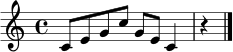 \relative c' { \clef treble \time 4/4 c8 e g c g e c4 r4 \bar "|." }